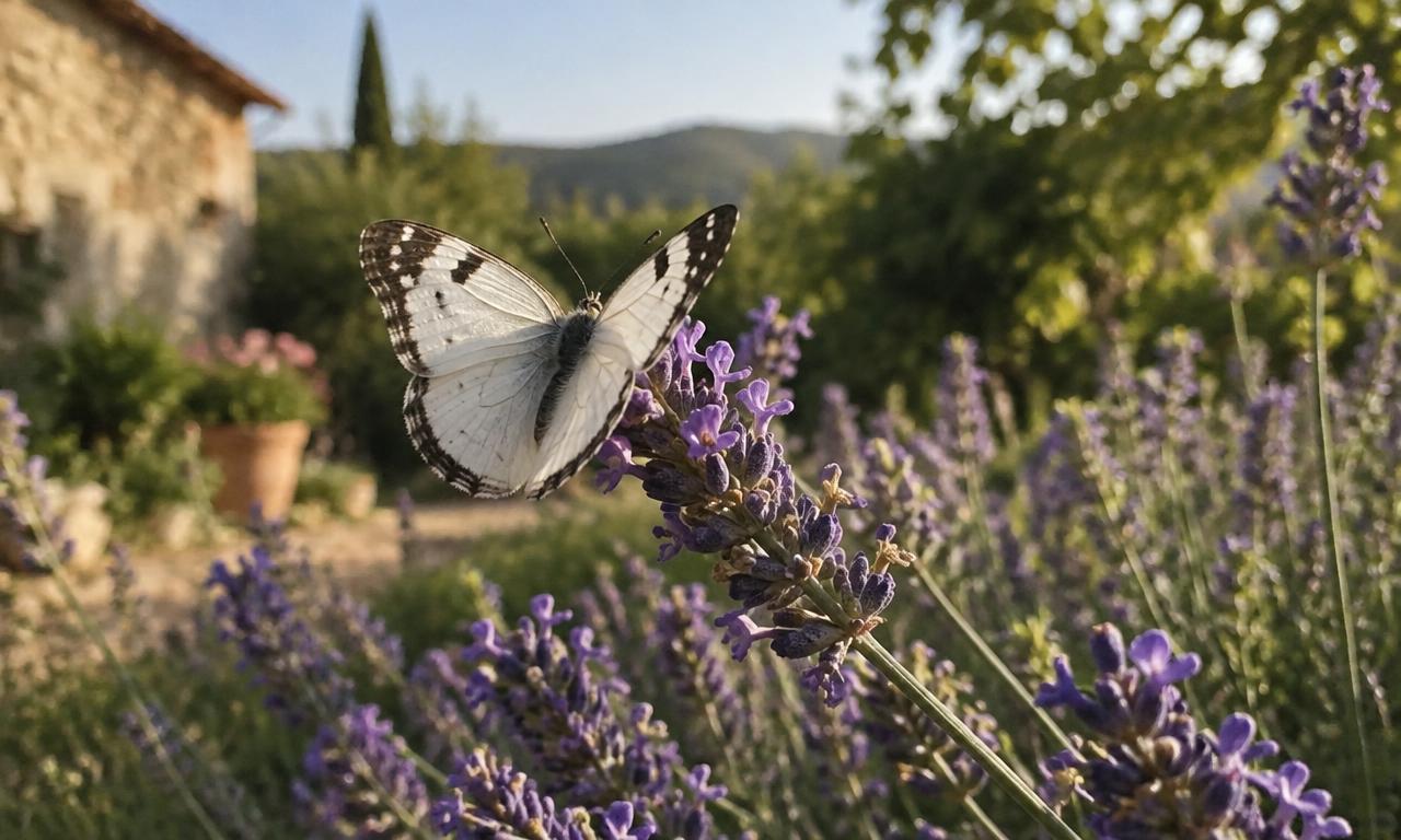 Un papillon blanc aux ailes bordées de noir, posé sur une lavande du jardin au plein après-midi.