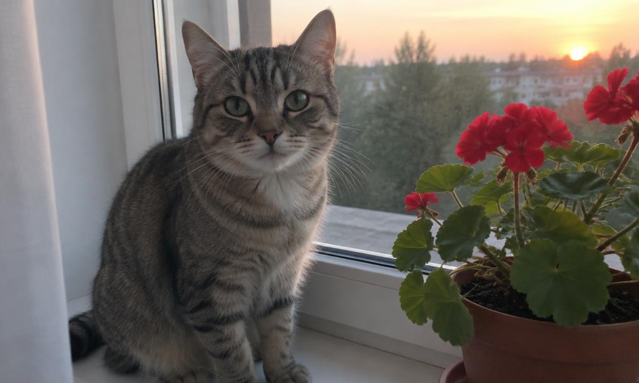 Un chat tigré installé sur l'appui d'une fenêtre, sans se soucier du coucher de soleil derrière lui.