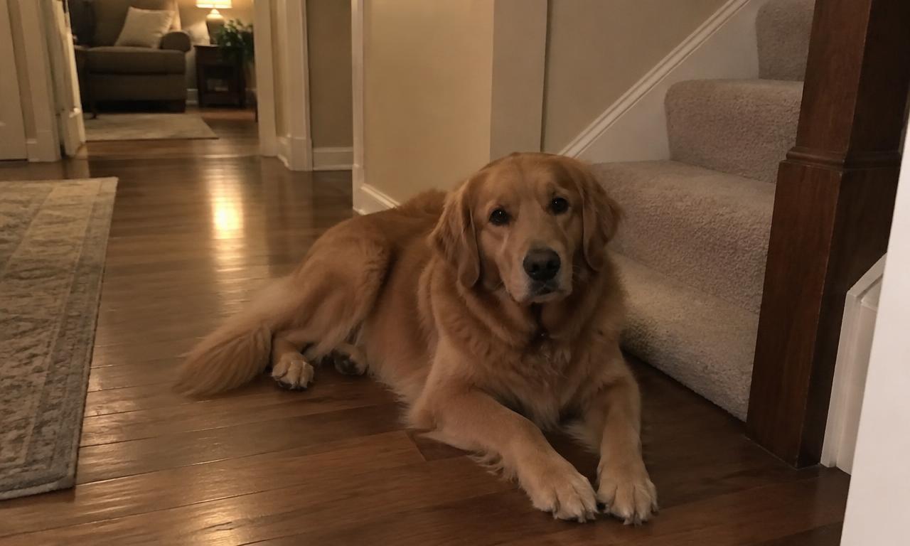 Un chien doré allongé en bas de l'escalier, à l'endroit exact où la famille passe le plus.