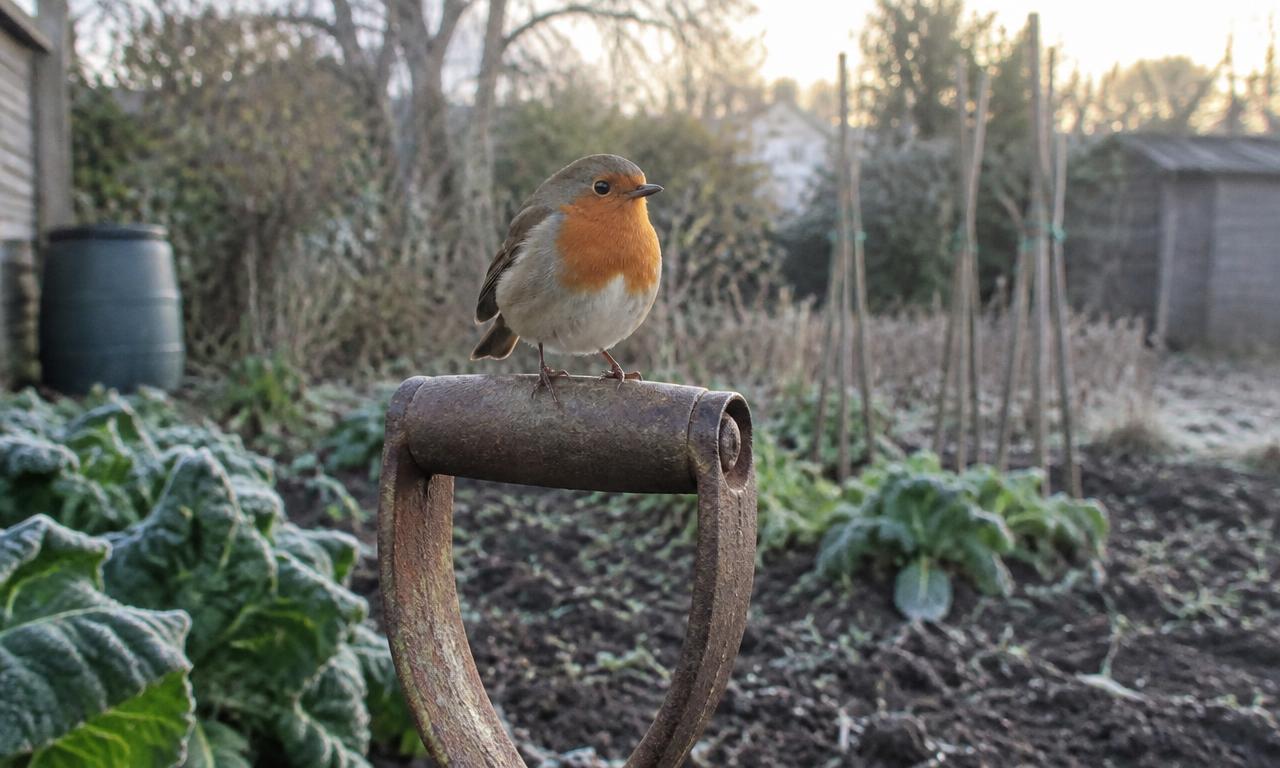 Un rouge-gorge perché sur la poignée d'une bêche au jardin, un matin d'hiver givré.